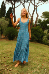 Aqua Ditsy Viscose Crepe Lyon Maxi Dress