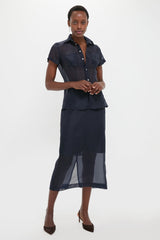 Atlantic Silk Organza Woven Midi Pencil Skirt