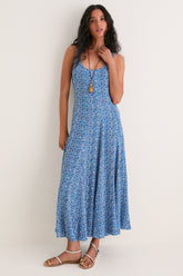 Aqua Ditsy Viscose Crepe Lyon Maxi Dress