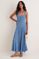 Aqua Ditsy Viscose Crepe Lyon Maxi Dress