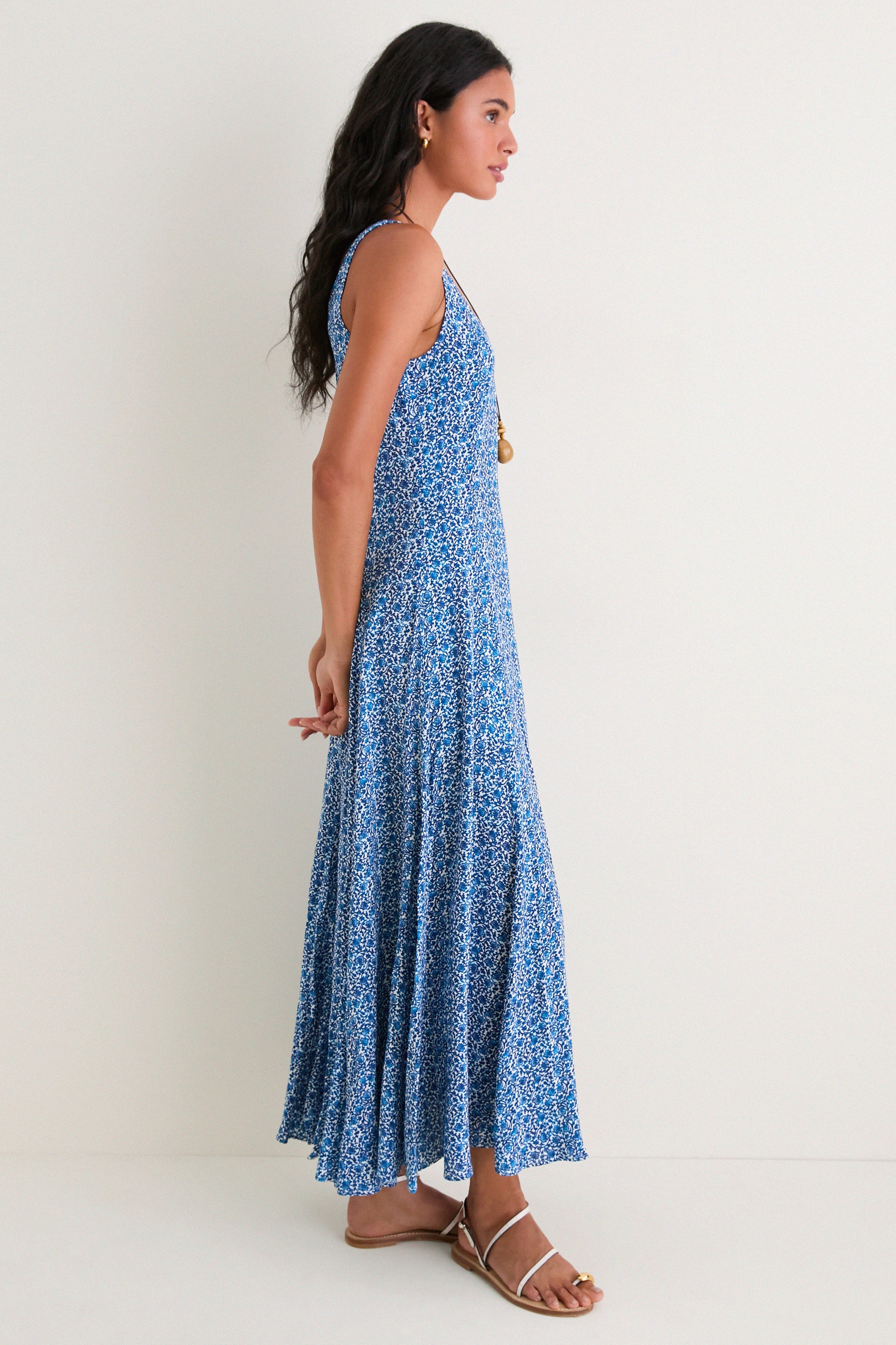Aqua Ditsy Viscose Crepe Lyon Maxi Dress