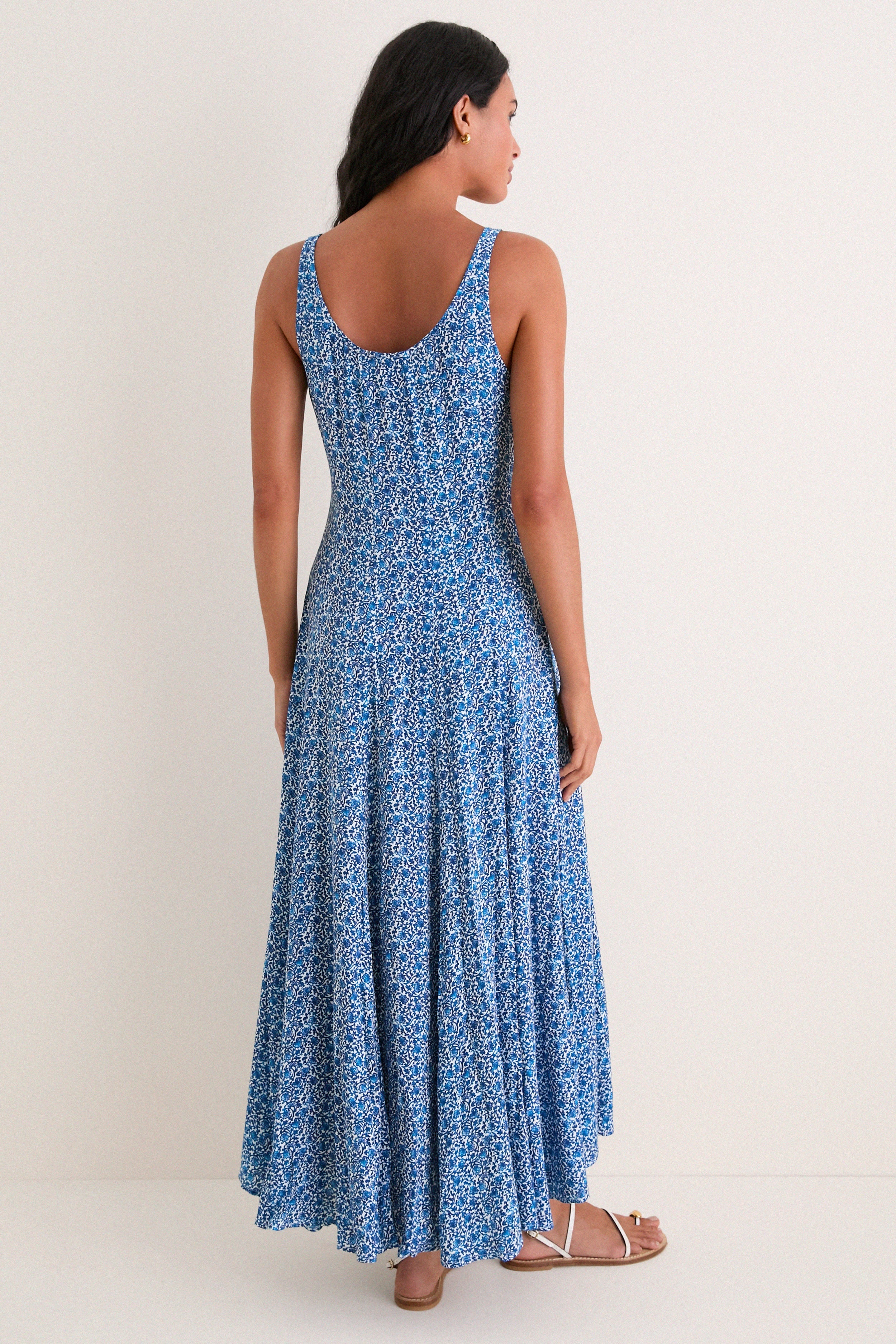 Aqua Ditsy Viscose Crepe Lyon Maxi Dress