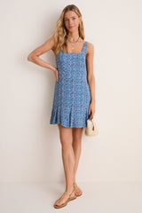 Aqua Ditsy Viscose Crepe Lyon Mini Dress