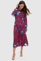 Abstract Rose Milberry Red Long Sleeve Midi Dress